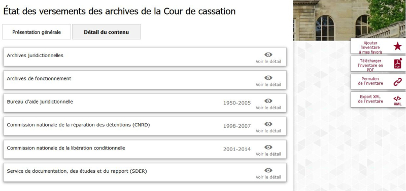 Illustration 2. Impression écran présentant l’arborescence de l’état des versements de la Cour de cassation dans la salle de lecture virtuelle des Archives nationales